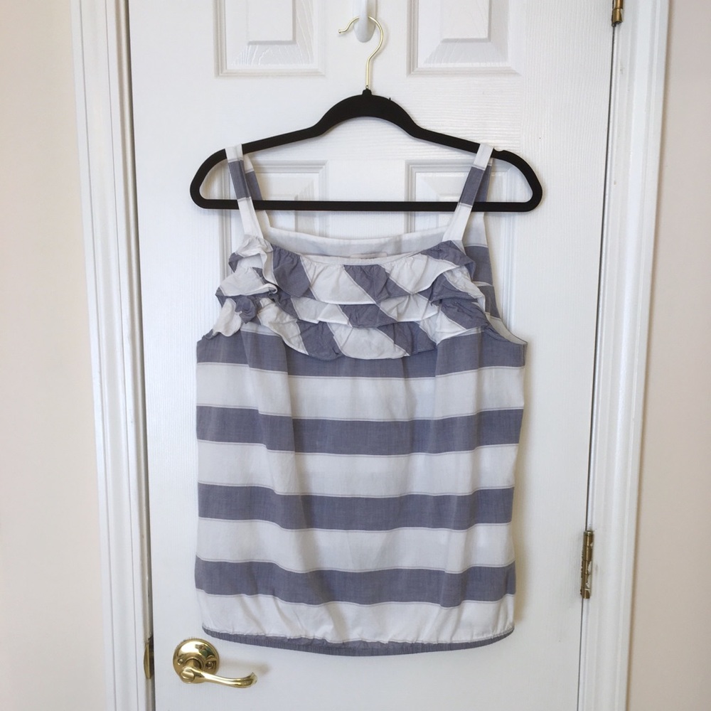 LOFT Sleeveless Blue/White striped ruffle TOP
